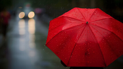 Vibrant red umbrella shields against rainy day with blurred city lights and water droplets
