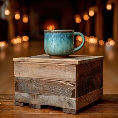Rustic Wooden Podium with Teal Ceramic Mug