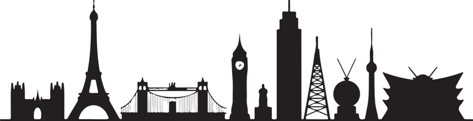 Cityscape silhouette with iconic landmarks for travel and design
