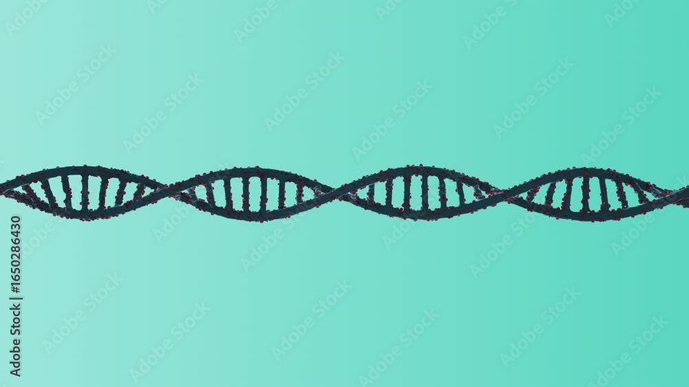 Poster mesmerizing 3d animation of dna double helix with red particles against a gradient teal background