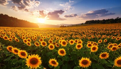 Scenic landscape of a vast sunflower field glowing in the warm light of a beautiful summer sunset