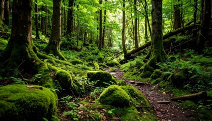 Obraz premium A tranquil path winds through a mystical ancient forest, with sunlight illuminating the lush green moss-covered ground