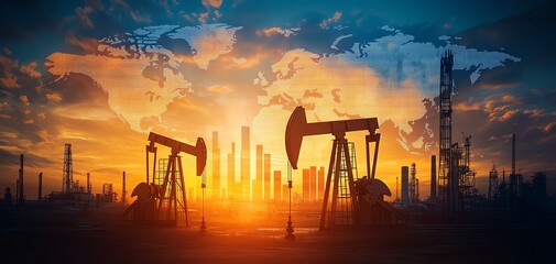 Silhouetted oil pumps at sunset over a cityscape.