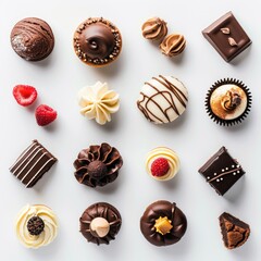 Assorted chocolates and desserts arranged in a grid pattern on a white background