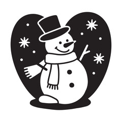  Silhouette-style illustration of a cheerful snowman wearing a tall top hat and a thick scarf. 