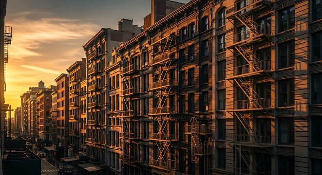A Captivating Glimpse of New York City Architecture at Sunset with Warm Tones and Fire Escapes - Powered by Adobe