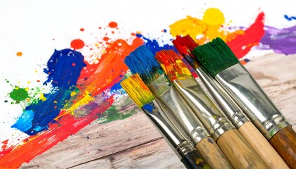 Obraz premium Colorful paint brushes on wooden surface