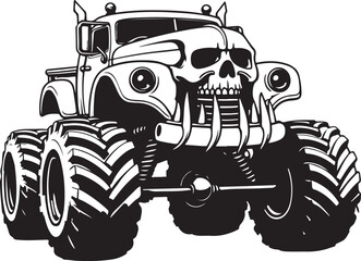 Black and white monster truck with skull front and large tires vehicle off road