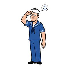 Anchors Aweigh: A confident sailor in his traditional uniform salutes, conveying a sense of maritime duty and honor, with a thought bubble picturing an anchor.