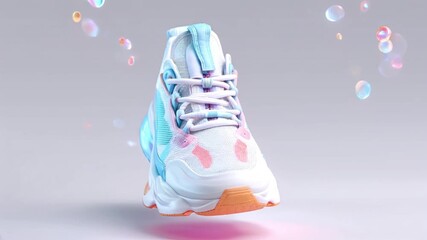 3d render of a futuristic athletic shoe with iridescent bubbles in motion
