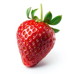 Single, vibrant red strawberry with green leaves, isolated on white (1)