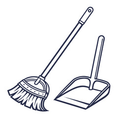 Dustpan and broom for cleaning isolated on white background, a tool for sweeping the floor and collecting garbage