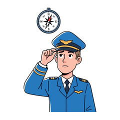Lost in Direction: A pilot, in a navy uniform, contemplates direction with a compass overhead, his brow furrowed in thought, against a simple background.