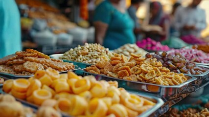 A colorful and tempting display of various sweets, fruits, nuts, and snacks.