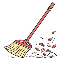 Illustration of a broom sweeping fallen leaves on the ground isolated on white background