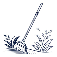 Illustration of a broom sweeping in a garden, a tool used for cleaning outdoor spaces and removing debris