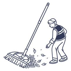 Illustration of a person sweeping leaves with a broom, maintaining cleanliness isolated on white background