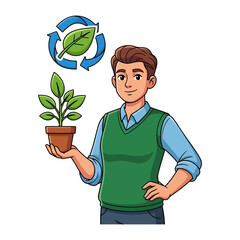 Environmental Stewardship: Depicting an individual, thoughtfully holding a sapling in a pot and visualizing the life cycle with a symbolic representation of growth and care.