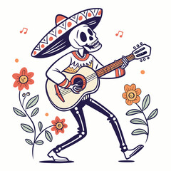 Illustration of a skeleton mariachi playing guitar with flowers isolated on white background