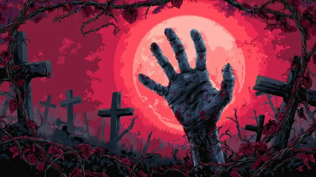 Gruesome zombie hand emerging from graveyard at full moon night, digital art Halloween concept