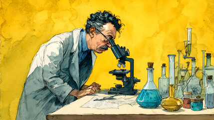 Scientist peering into a microscope with an intrigued expression (1)