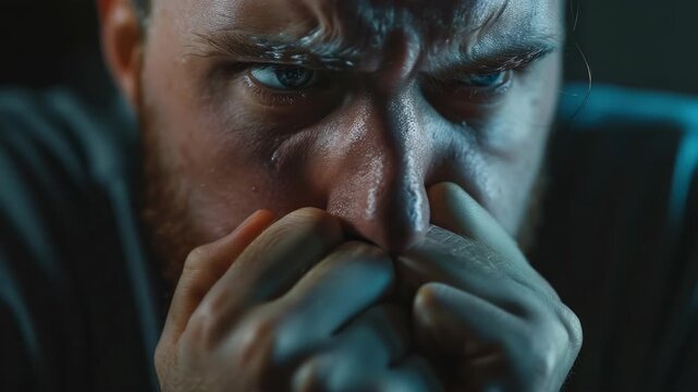 Upset man with hands on mouth, looking concerned. Expression of tension and secrecy.