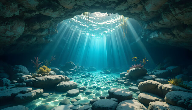 Sunlight streams into a breathtaking underwater cave, creating a magical, serene atmosphere. Ideal for travel, adventure, and conservation themes. - Powered by Adobe