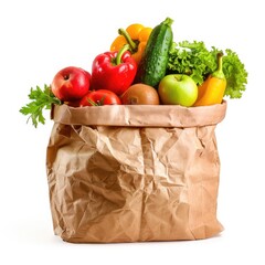 Brown paper bag filled with colorful fruits and vegetables