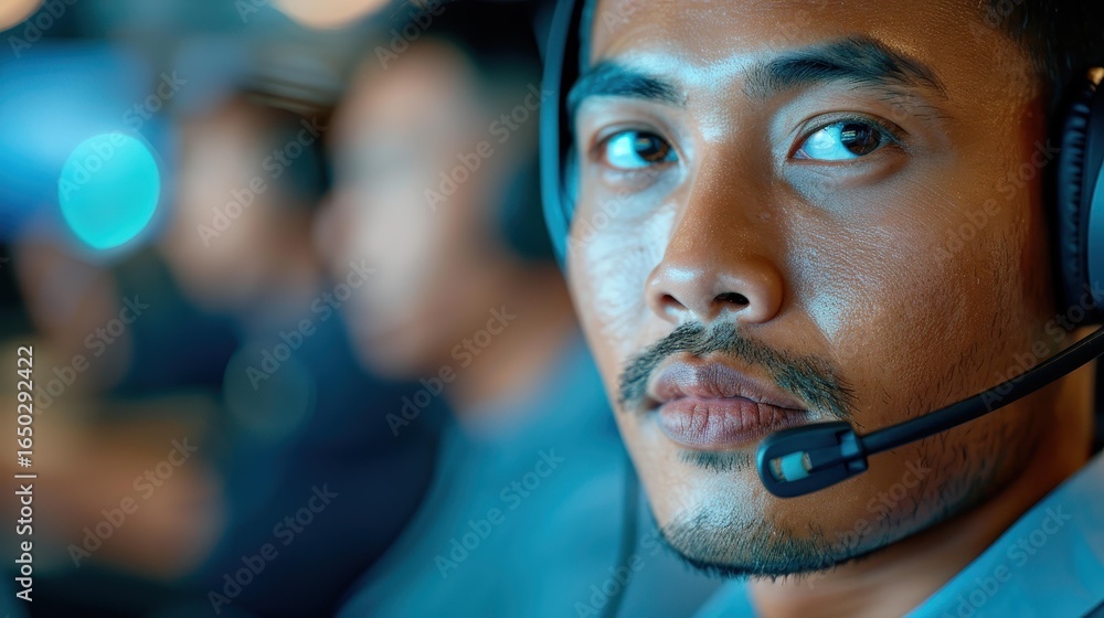 Poster a tech support manager assists a client over the phone, showcasing strong communication skills in a 