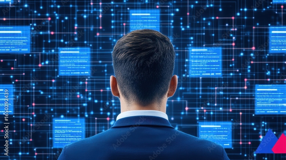 Poster a focused individual monitors a computer screen in a bustling network operation center, ensuring smo