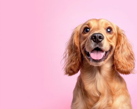 Adorable golden cocker spaniel with floppy ears and bright eyes, looking directly forward with a happy expression, against a solid pink background