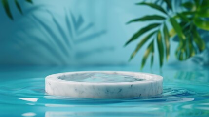 Elegant marble podium with lush tropical leaf in serene water, creating a perfect scene for luxury cosmetic brands.