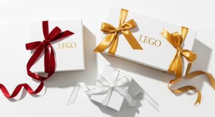 Obraz premium Elegant LEGO Gifts - White Boxes with Red, Gold, and White Ribbons on White Background.