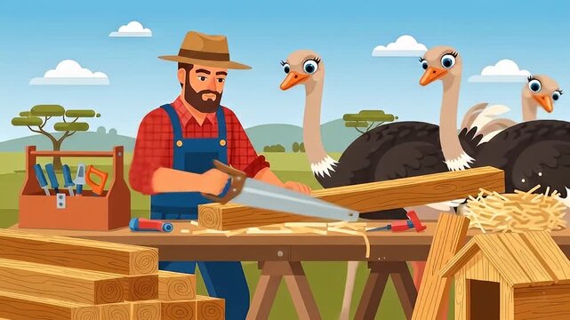 Cartoon man building birdhouse watched by ostriches in vibrant outdoor scene animation