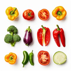 Fresh colorful vegetables arranged in a grid pattern on a white background