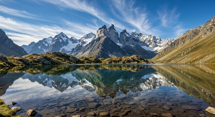Majestic Mountain Reflections: A stunning landscape captures the breathtaking mirror reflection of towering mountain peaks on the surface of a serene lake.