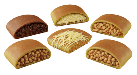 Asian sweet folded pancakes, featuring popular fillings like chocolate, cheese, and peanuts, isolated on a white background.