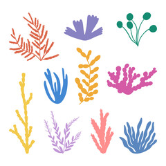 Collection of colorful seaweed and coral silhouettes in flat style. Decorative marine plants in various shapes for ocean-themed design, textile patterns, stickers, and underwater illustrations