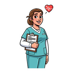Caring Nurse with Compassion: A professional nurse, radiating warmth and expertise, holding a clipboard, with a heart symbol signifying care.