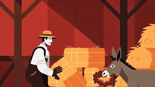 Farmer working hard stacking hay bales with donkey watching in rustic barn setting animation
