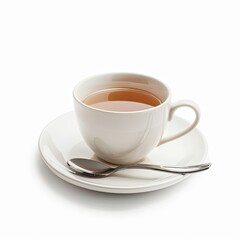 White teacup and saucer with tea and spoon on a white background