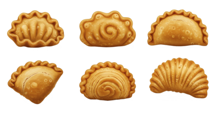 Collection of various savory pastries like curry puffs or empanadas, showing different traditional crimping styles, isolated on a white background.