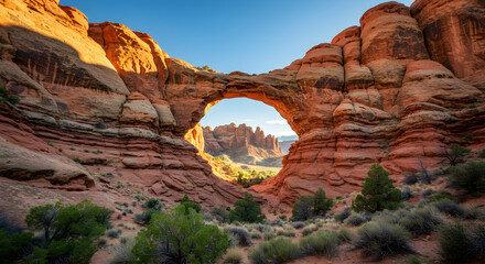 Stunning desert landscape framed by sandstone arch, perfect for travel adventure campaigns