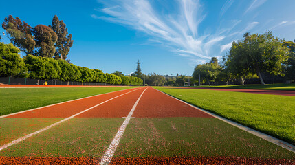 Athletic track ready for competition on a sunny day with vibrant sky