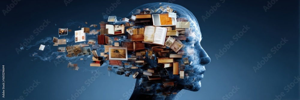 Poster creative representation of knowledge and imagination with books and images flowing from a silhouette