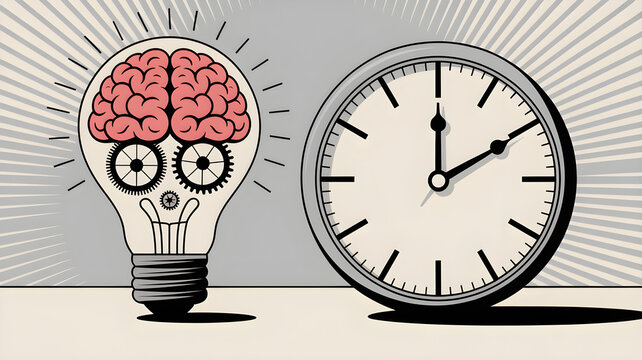A vintage illustration of a brain light bulb and clock, symbolizing the importance of time management and creative thinking