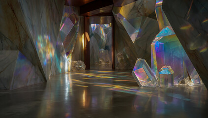 A crystal room with large crystals and prisms, reflecting light in rainbow colors, with walls made of marble and polished concrete floors.