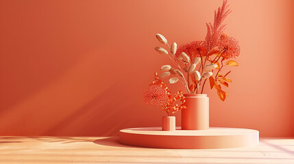 Elegant dried floral arrangement on minimalist pedestal, warm light, serene ambiance.