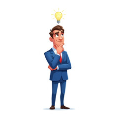 Brilliant Idea: A businessman with a bright idea represented by a shining light bulb above him. This image conveys inspiration, creativity and innovative thought. 
