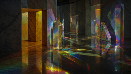 A crystal room with large crystals and prisms, reflecting light in rainbow colors, with walls made of marble and polished concrete floors.